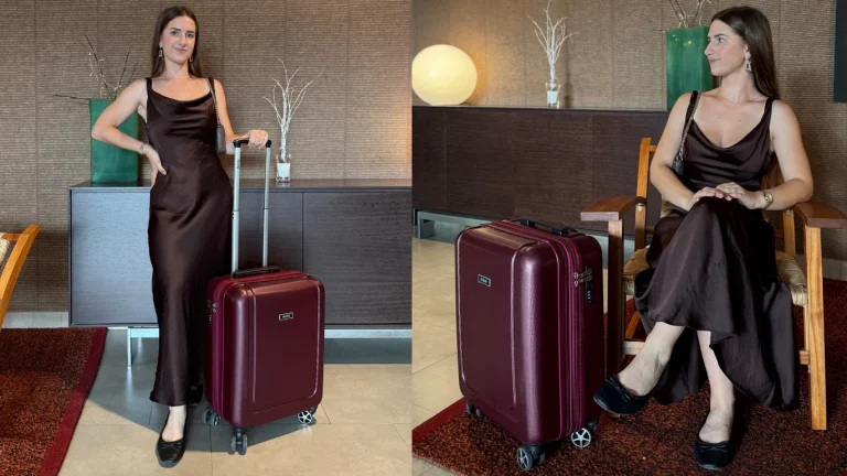 A Well educated Girl Sit and Stand With the Well Structured Suitcase