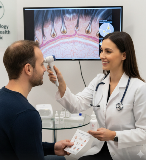 Dermatologist examining scalp for hair loss treatment